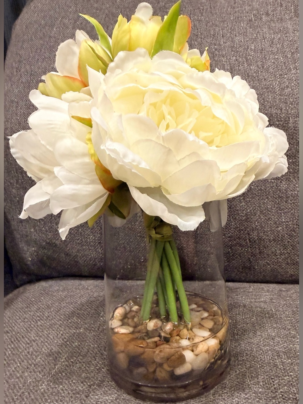 Enova Home Cream Artificial Silk Peony Bouquet in Clear Glass Vase